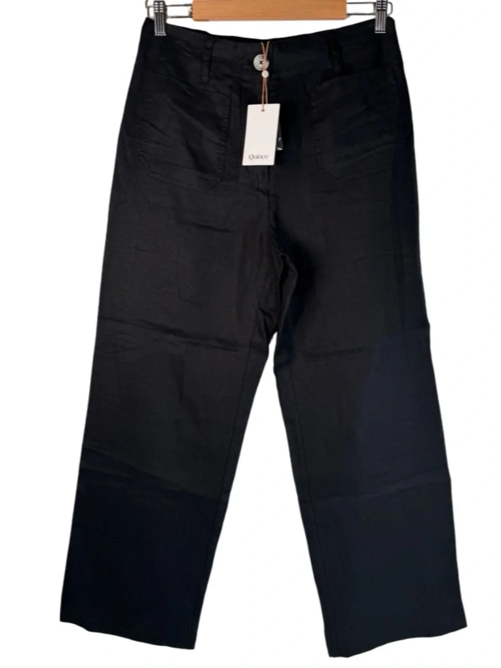 Quince Black 100% European Linen Patch Pocket Wide Leg High Rise Pants 6 NWT